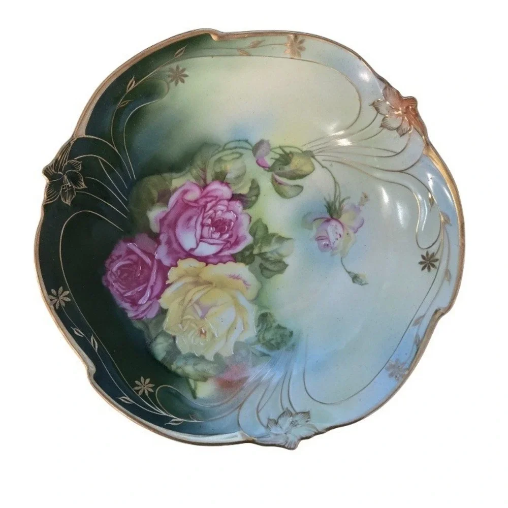 Antique Bavaria JPSV Serving Bowl Green w/ Roses‎ 10